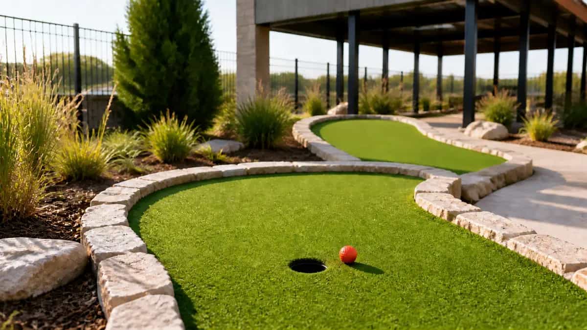 Two neighboring outdoor miniature golf lanes with stone edging, one orange ball, and a covered pavilion in warm sunlight