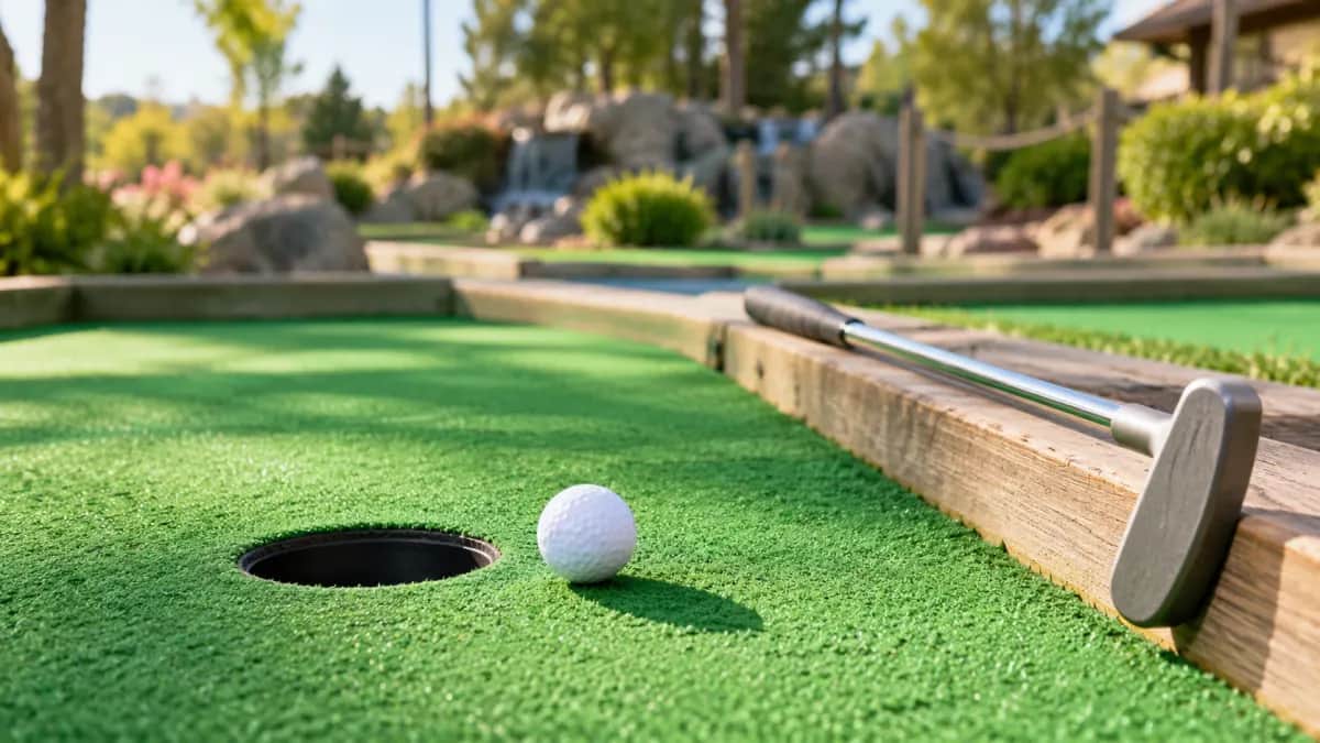 Illustrative mini golf hole with one ball, a flush putting hole, and a putter resting on the lane edge