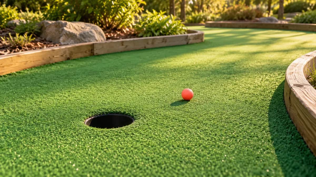 Illustration of a quiet outdoor mini golf lane with wood edging, one coral ball and a circular black putting hole