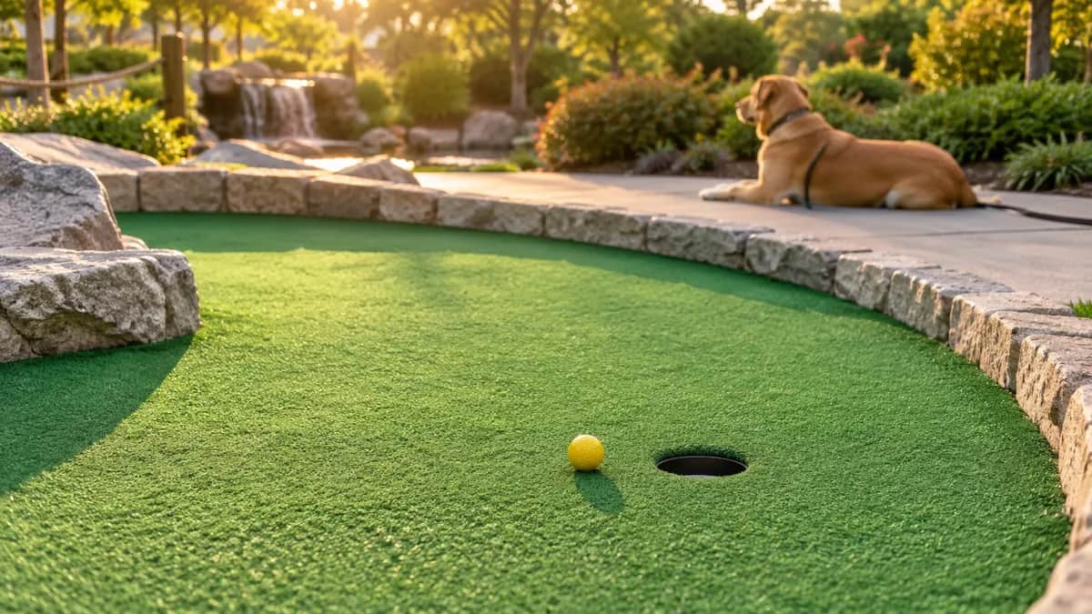 A tan dog resting on a path beside an outdoor mini golf hole with one yellow ball
