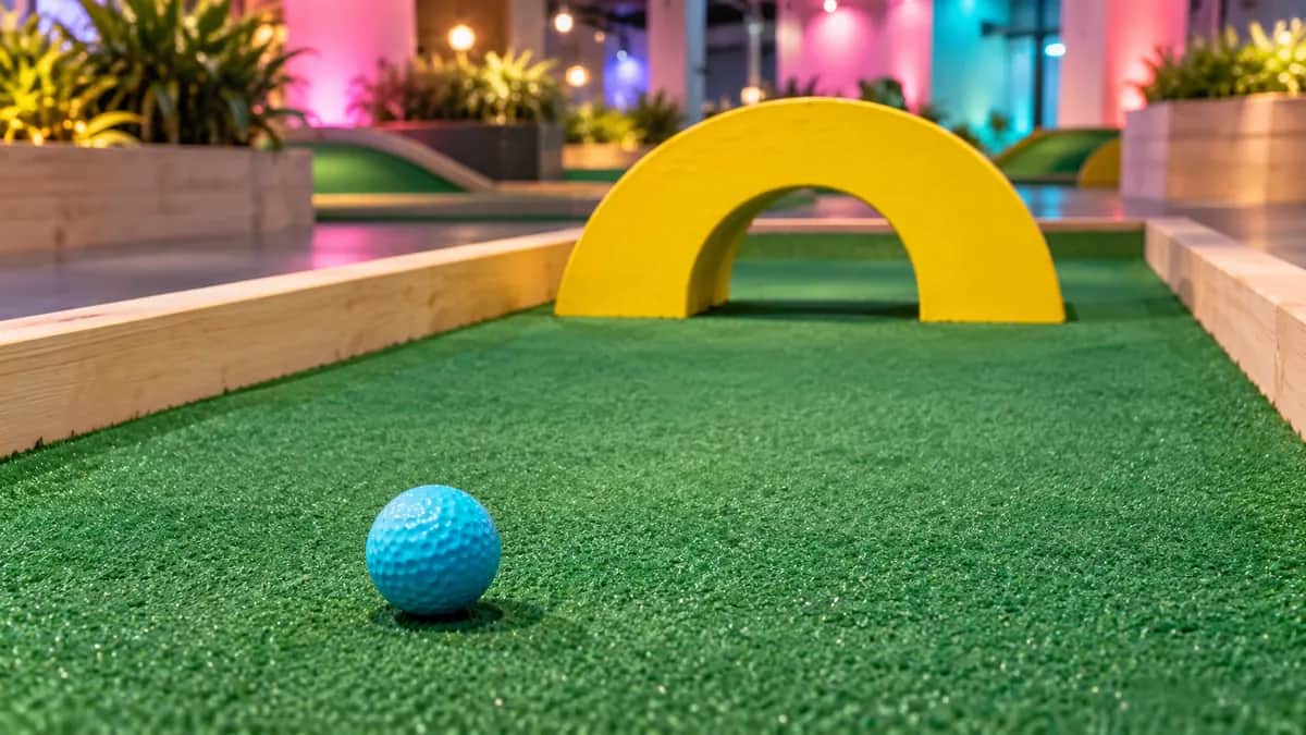 Generic indoor mini golf lane with a yellow arch, one cyan ball, and bright colored background lighting