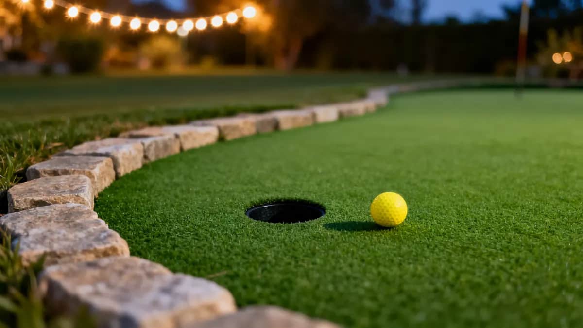 Evening mini golf lane with green turf, one yellow ball, low stone edging, warm string lights, and a circular black putting hole
