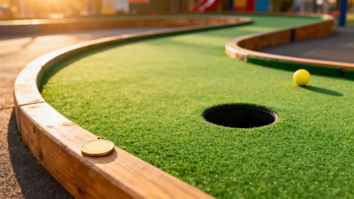 Outdoor mini golf hole with green turf, one yellow ball, a circular putting hole, and a small plain medal on the wooden edge
