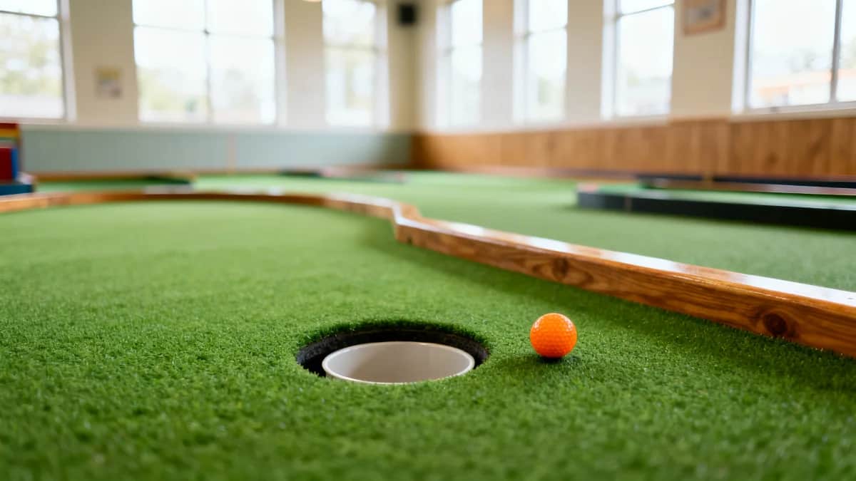 Indoor mini golf hole with green turf, wood edging, a circular putting hole, and one orange ball