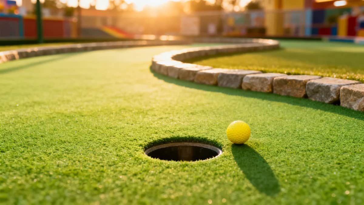 Outdoor mini golf hole with green turf, stone edging, a cup, and one yellow ball