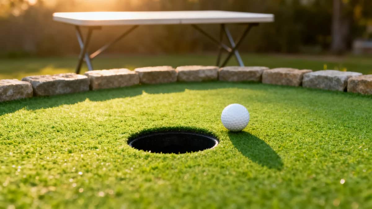 Outdoor mini golf hole with stone edging, one white ball, and a plain table blurred in the background