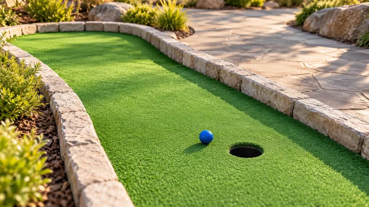 Illustrative outdoor mini golf lane with a blue ball, stone edging, and a paved arrival walkway