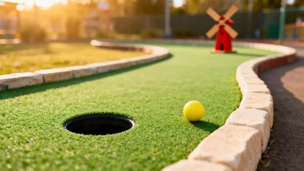 Outdoor miniature golf hole with green turf, one yellow ball, low stone edging, and a small red windmill in warm sunlight