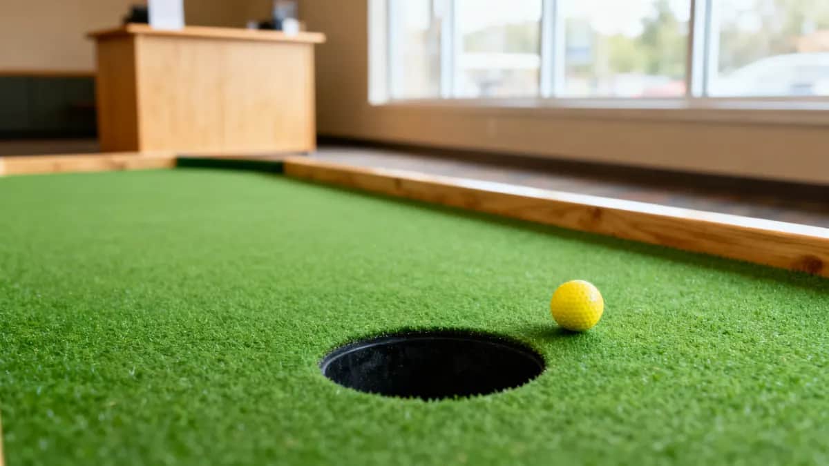 Indoor mini golf check-in lane with green turf, one yellow ball, a circular black putting hole, and a small reservation stand blurred in the background