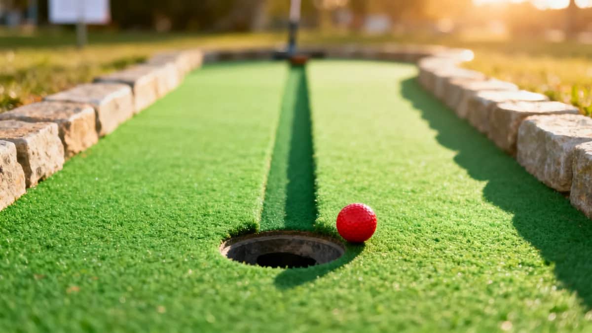 Outdoor mini golf hole with two parallel turf lanes, stone edging, a circular putting hole, and one red ball
