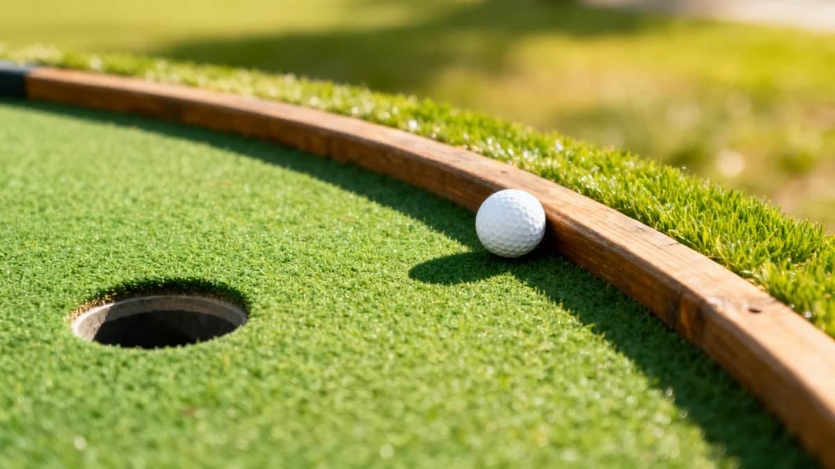 Outdoor mini golf banked curve with a circular putting hole, wood rail, and one white ball