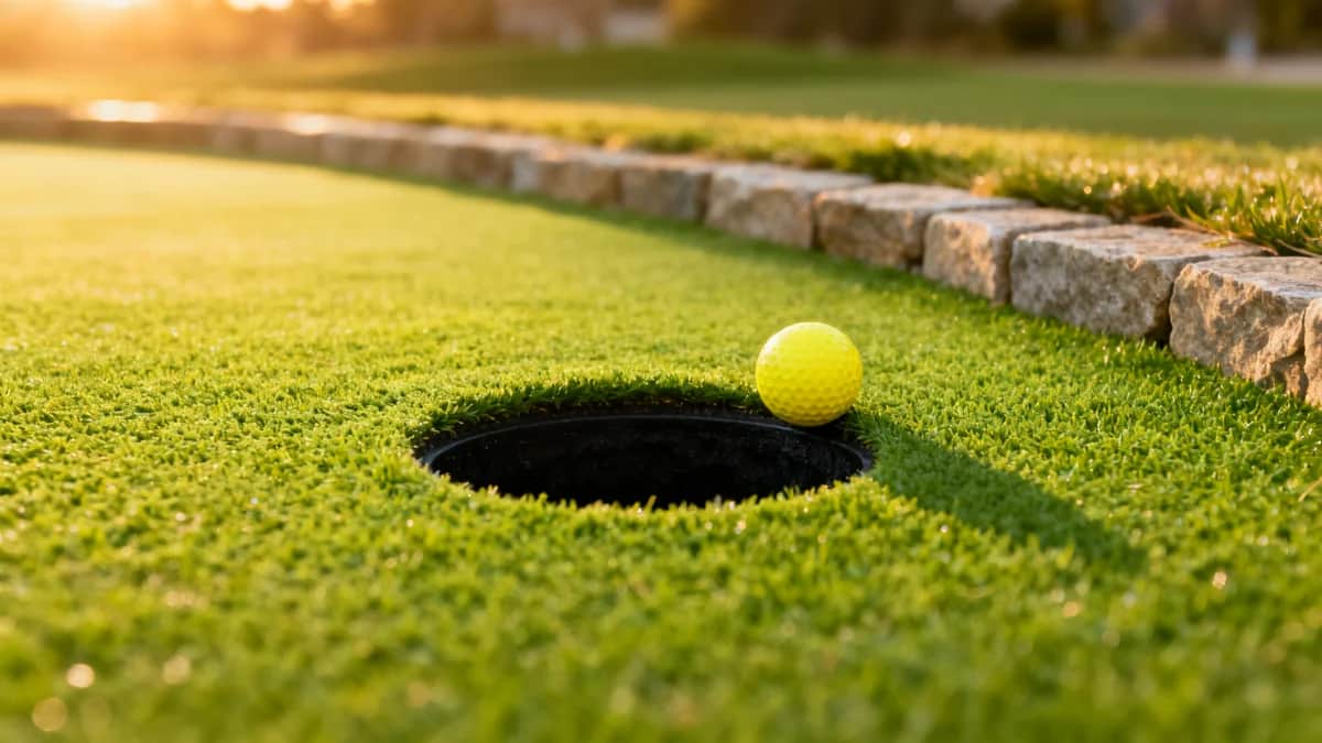 Final outdoor mini golf hole with stone edging, a circular putting hole, and one yellow ball