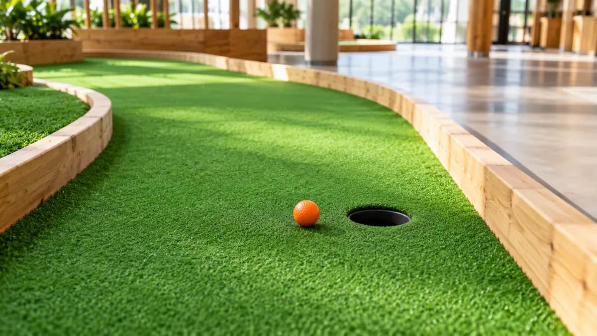 AI-generated illustration of a bright indoor mini golf lane beside an entry walkway, with wood edging and one orange ball