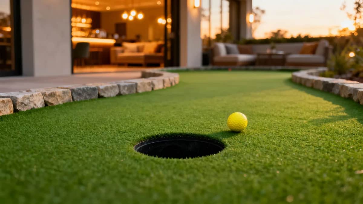 Outdoor mini golf putting green with bright turf, one yellow ball, a circular black putting hole, and softly blurred indoor lounge lighting in the background
