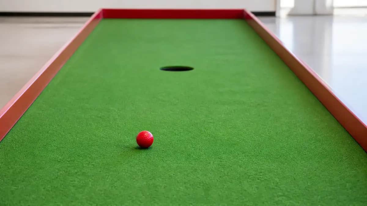 Tournament-style miniature golf hole with bright green turf, one red ball, a circular black putting hole, and clean red boundary rails
