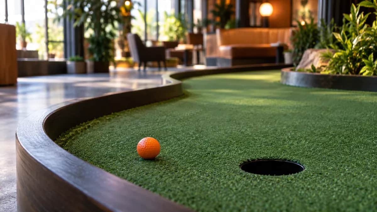 Generic indoor mini golf lane with dark wooden rails, one orange ball, and warm lounge lighting