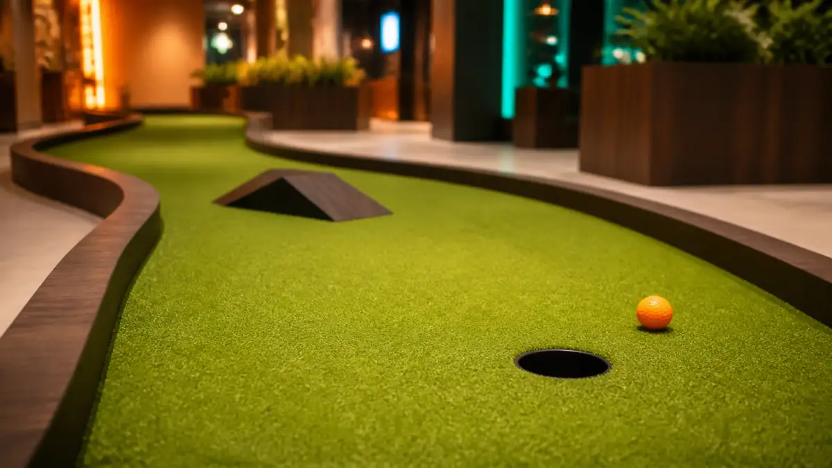 Modern indoor mini golf lane with green turf, one orange ball, dark wood edging, and warm lounge lighting