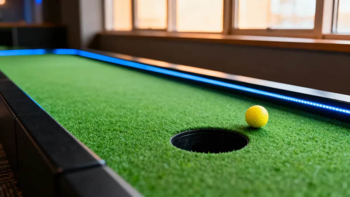 Indoor miniature golf lane with green turf, a circular black putting hole, neon edge lighting, and one yellow ball