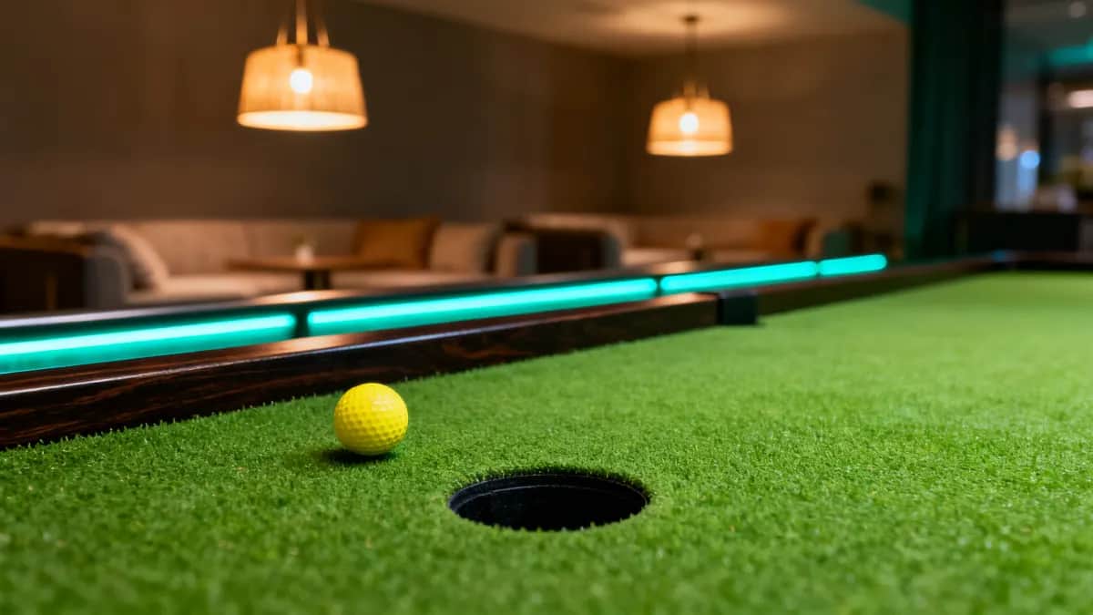 Indoor miniature golf lane with green turf, a circular black putting hole, warm bar lighting, and one yellow ball