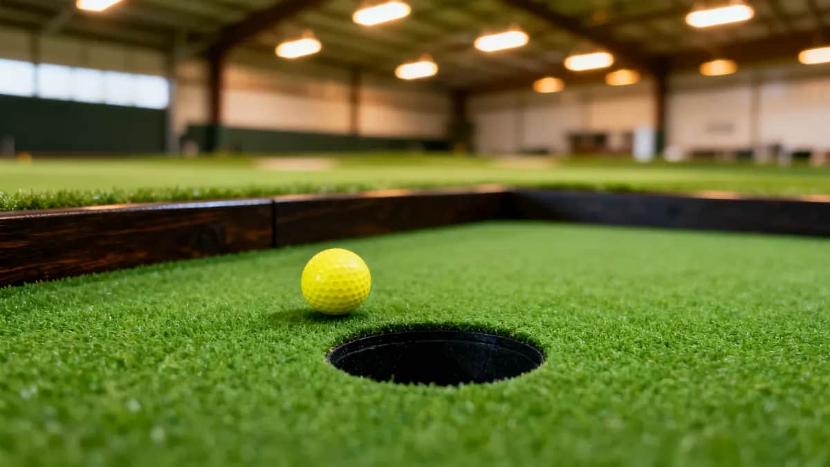 Indoor miniature golf lane with green turf, a circular black putting hole, warm bay-style lighting, and one yellow ball