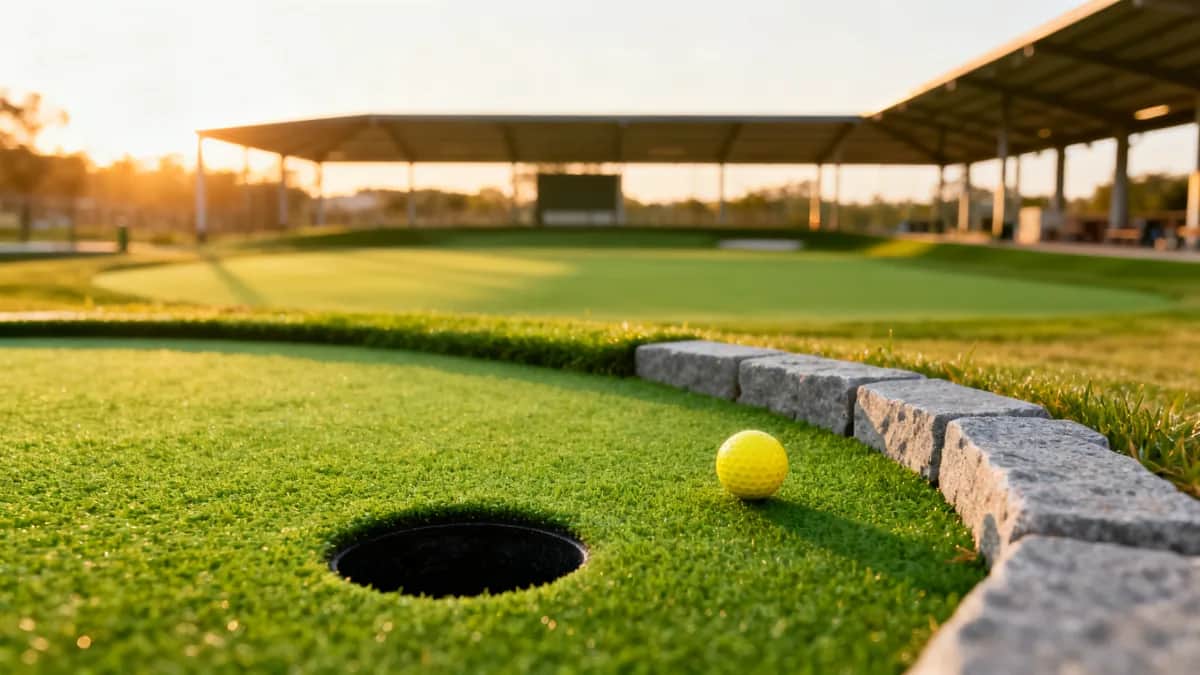 Outdoor miniature golf hole with green turf, one yellow ball, stone edging, and a covered social golf range in the background
