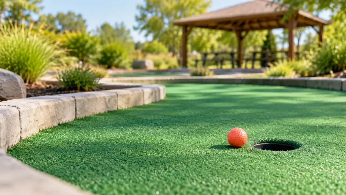 An empty outdoor mini golf lane with one orange ball beside the hole and a picnic pavilion beyond the course
