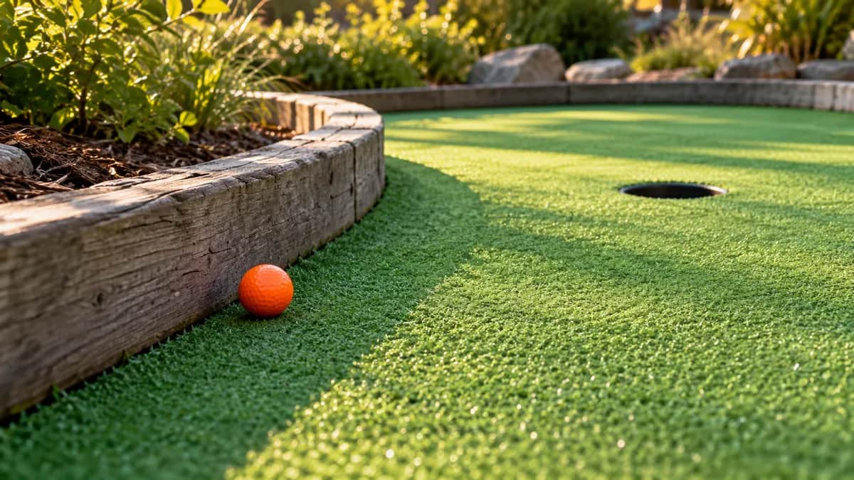 Illustrative orange mini golf ball beside a low timber border on a curved putting lane