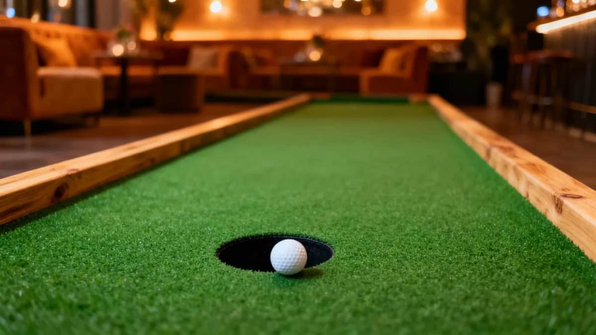 Indoor mini golf party lane with green turf, one white ball, low wooden edging, warm lights, and a circular black putting hole