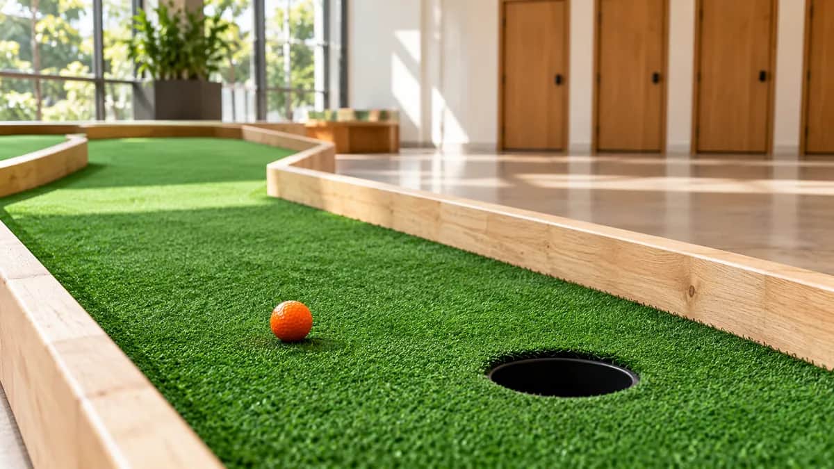 Illustrative indoor mini golf lane with one orange ball, a clear walkway and plain storage doors in the background
