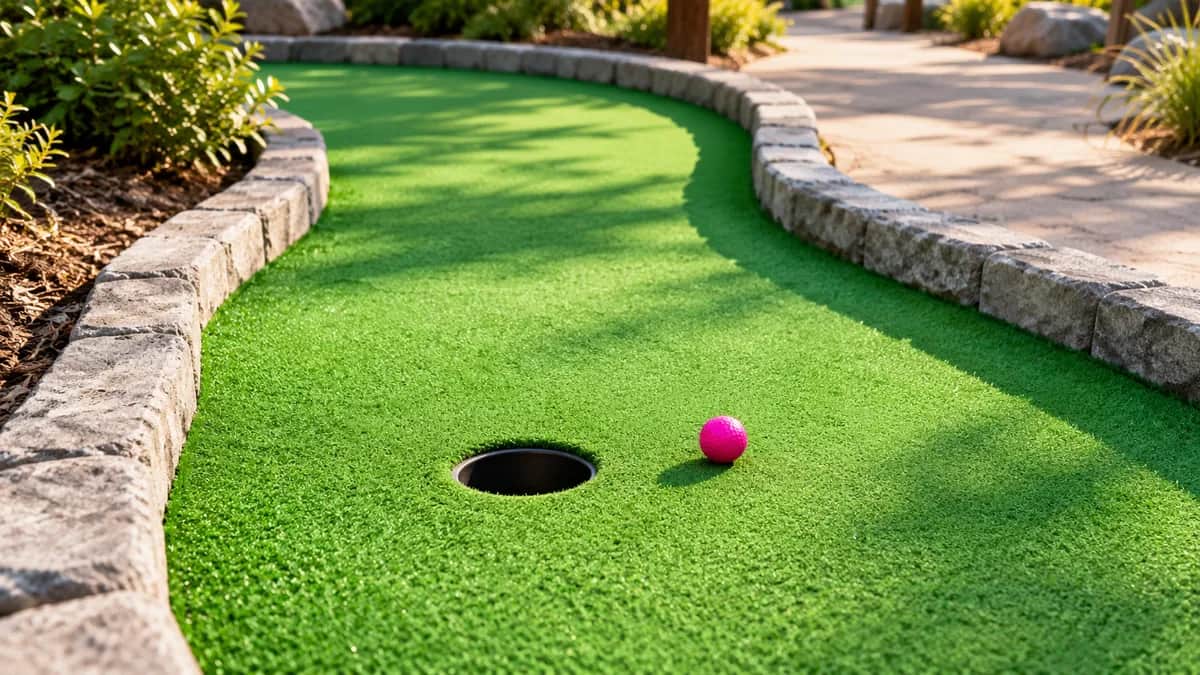 Illustration of an empty outdoor mini golf lane with stone edging, one magenta ball, and an entrance walkway beyond