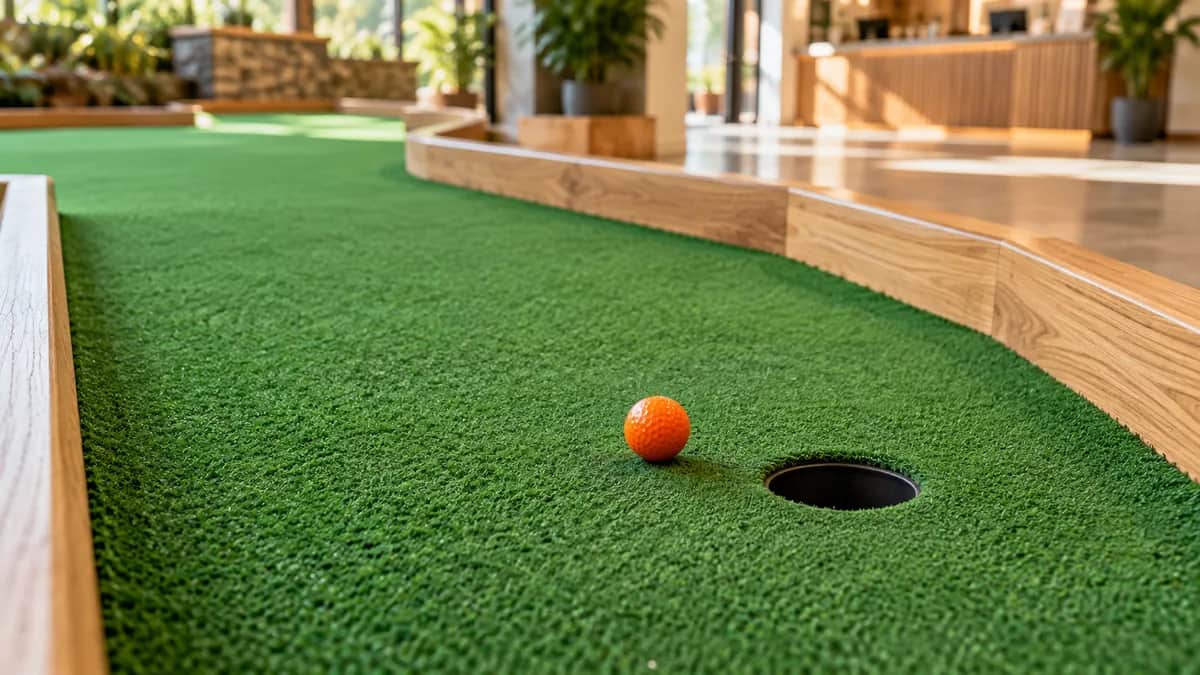 Illustration of an indoor mini golf lane with oak edging, one orange ball, and a reception area in the background
