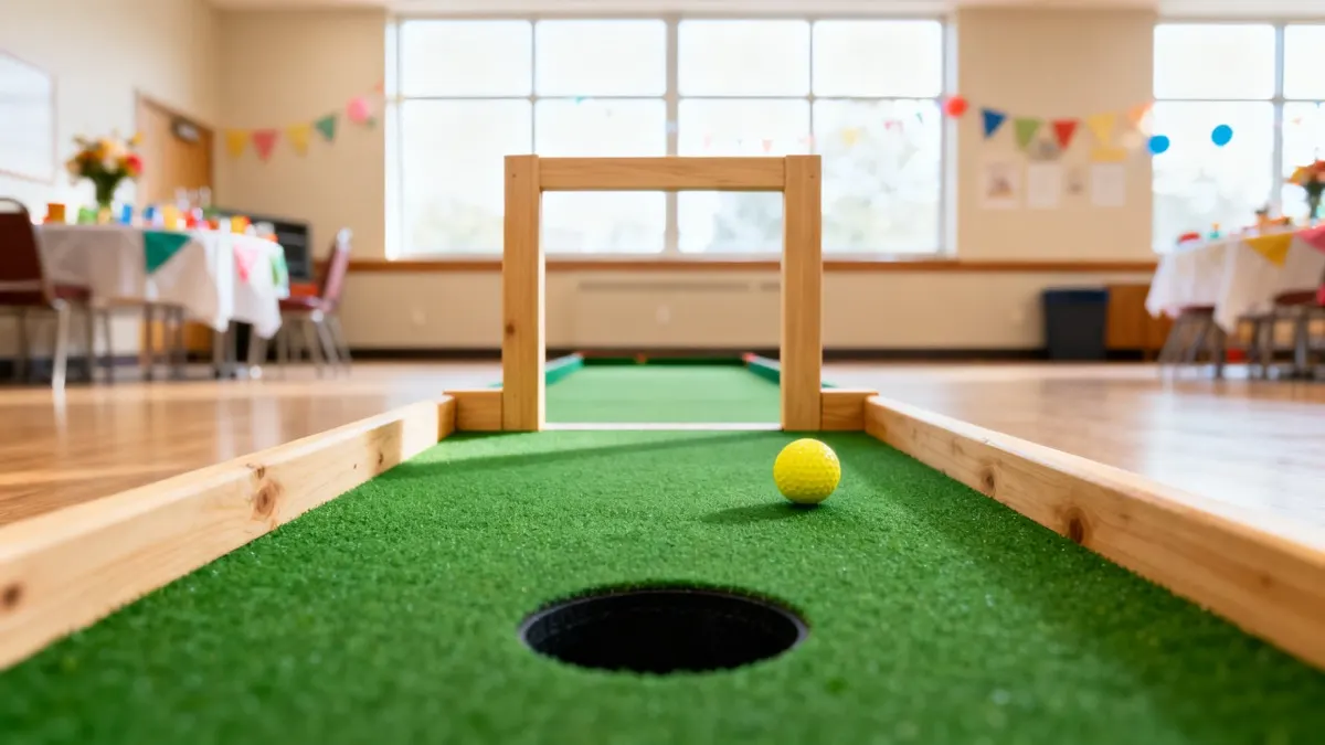 Temporary indoor mini golf hole with green turf, wood rails, one yellow ball, and a circular black putting hole