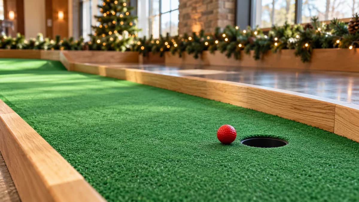 Bright indoor mini golf lane with one red ball and softly blurred evergreen holiday lights