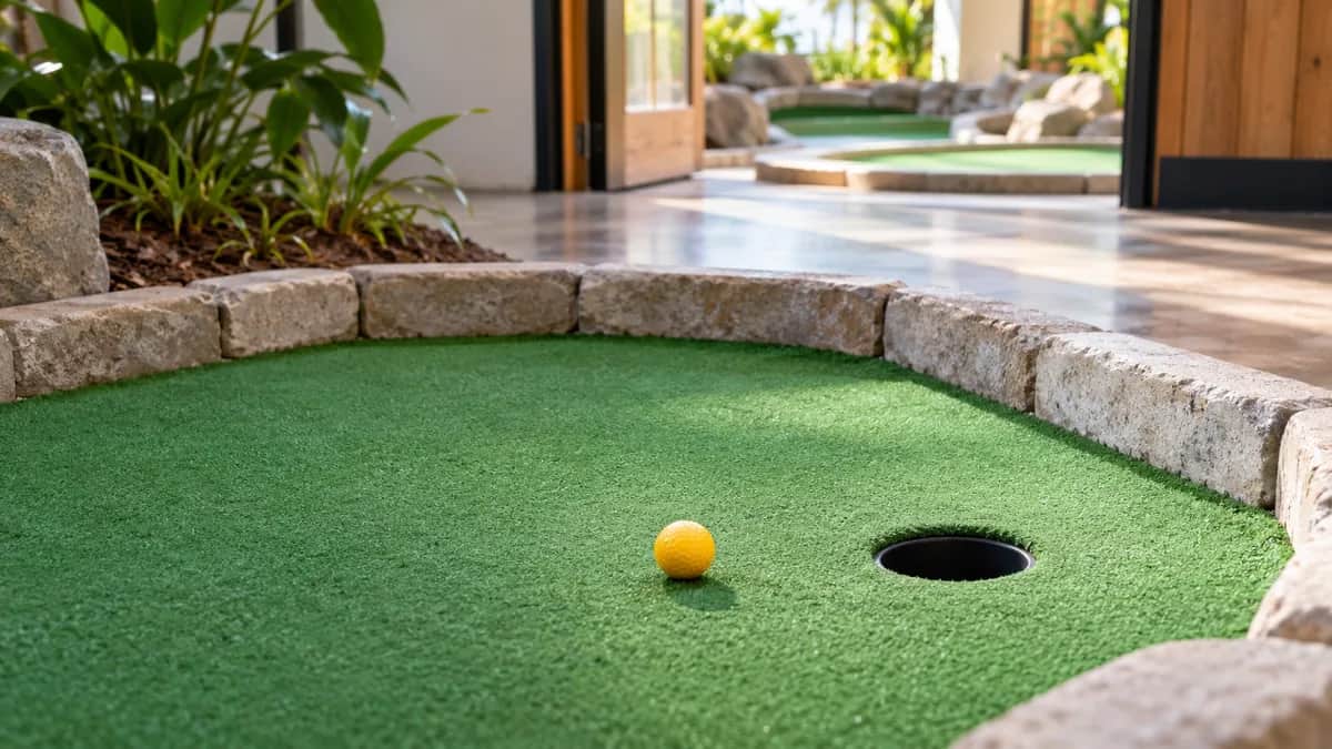 Illustration of a bright indoor mini golf hole with stone edging, one yellow ball, and an open doorway