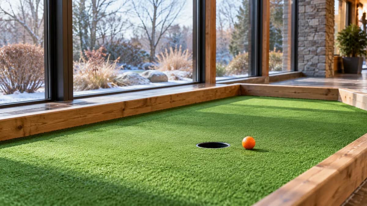 Fictional indoor mini golf lane with wood edging, one orange ball and a leafless garden beyond the windows
