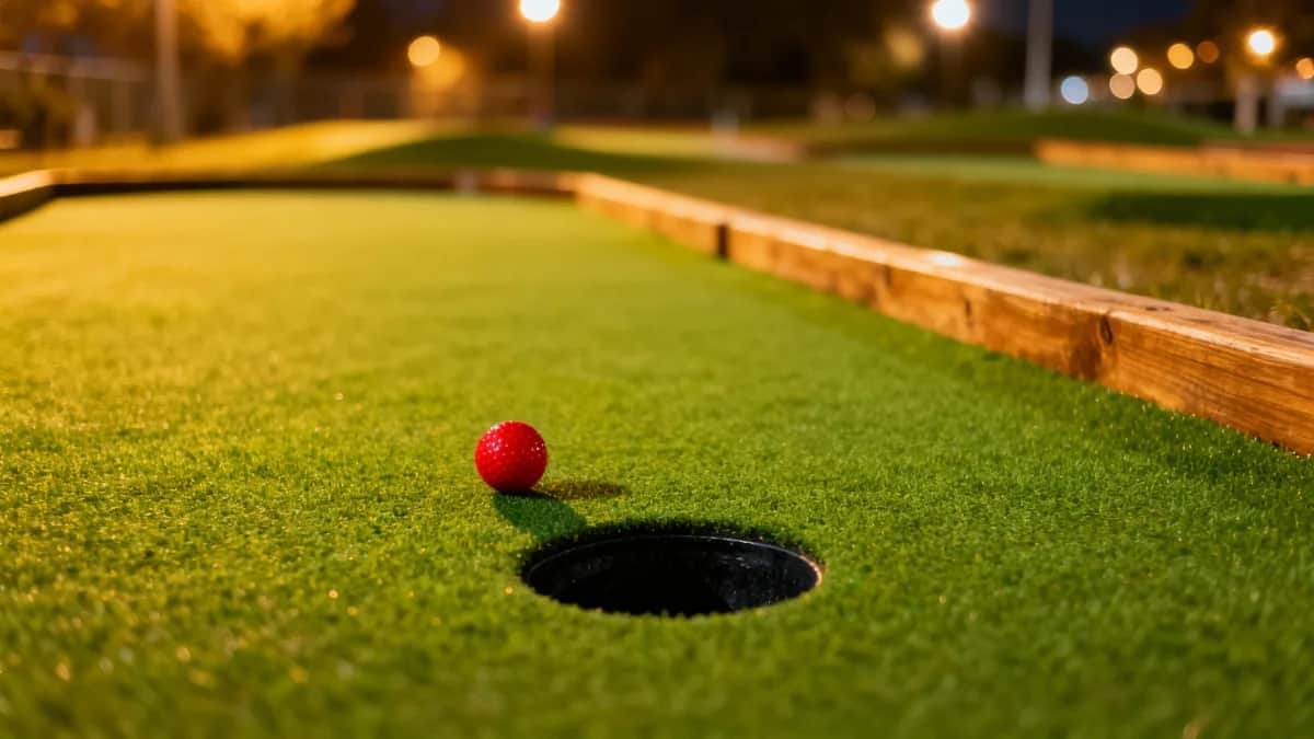 Evening mini golf hole with wood edging, a circular putting hole, and one red ball under warm lights