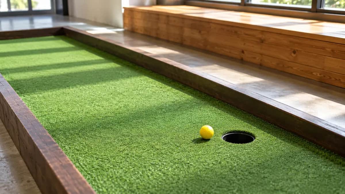 Illustration of an empty indoor mini golf lane with one yellow ball, a black putting hole and a wooden seating ledge
