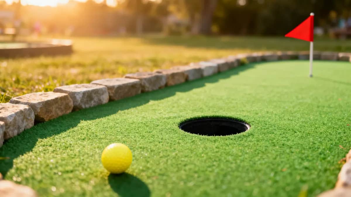 Outdoor mini golf party setup with green turf, one yellow ball, a circular putting hole, and a small red flag beside the lane
