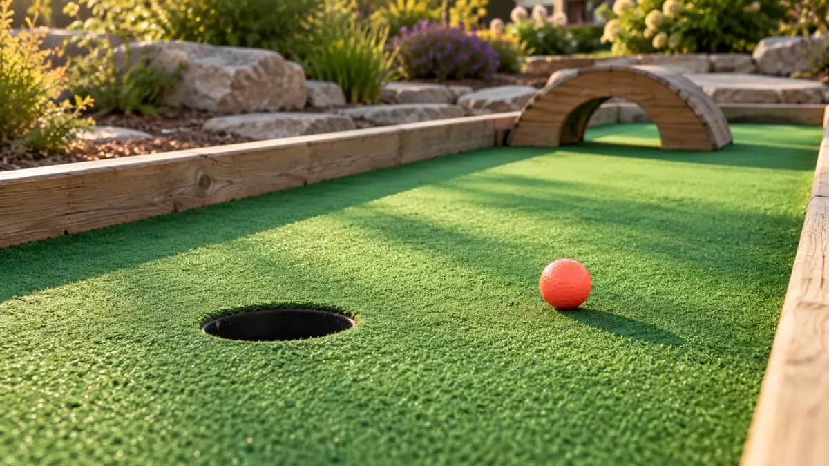Illustration of a sunlit mini golf lane with a wooden arch, one coral ball, and a black putting hole