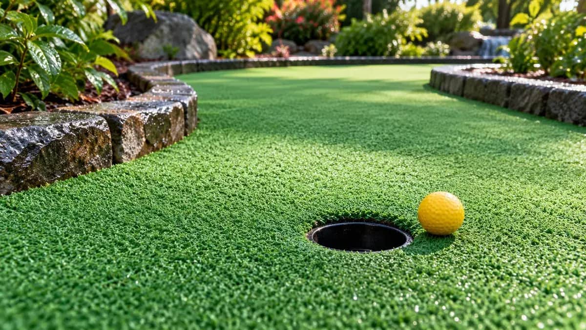 An empty mini golf lane after a shower, with one yellow ball beside the hole and damp stone edging