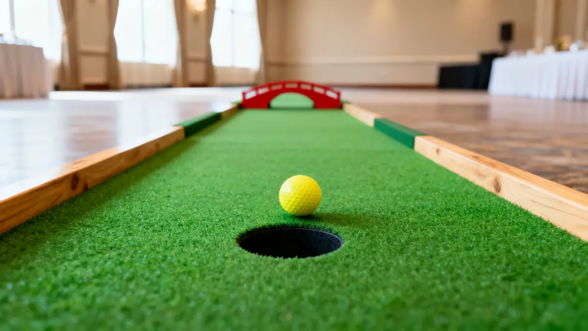 Portable mini golf rental setup with green turf, one yellow ball, wood edging, and a circular black putting hole in a bright event space