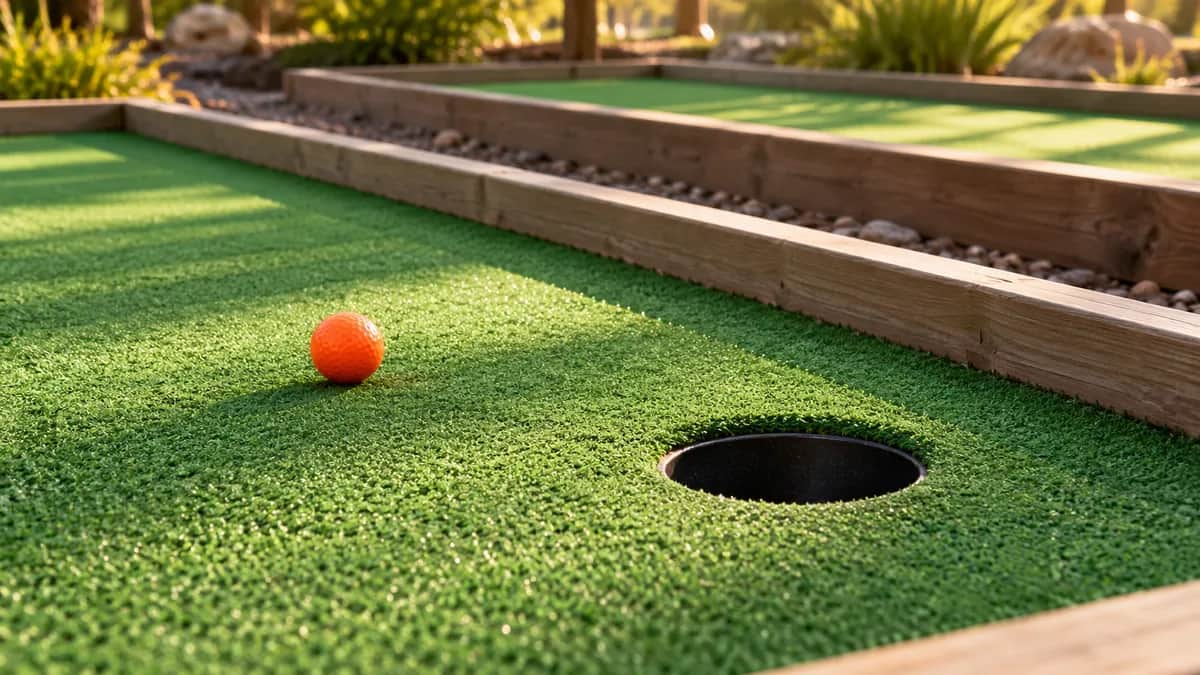 Illustration of a wooden-edged mini golf lane with one orange ball and another lane beyond it