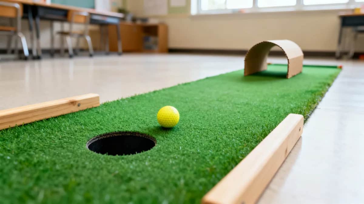 Classroom mini golf STEM activity with green turf, wood rails, a cardboard tunnel, one yellow ball, and a black putting hole