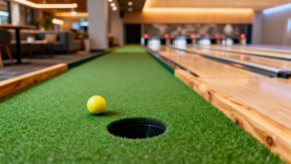 Indoor mini golf lane with green turf, one yellow ball, a circular black putting hole, and softly blurred bowling lanes in the background