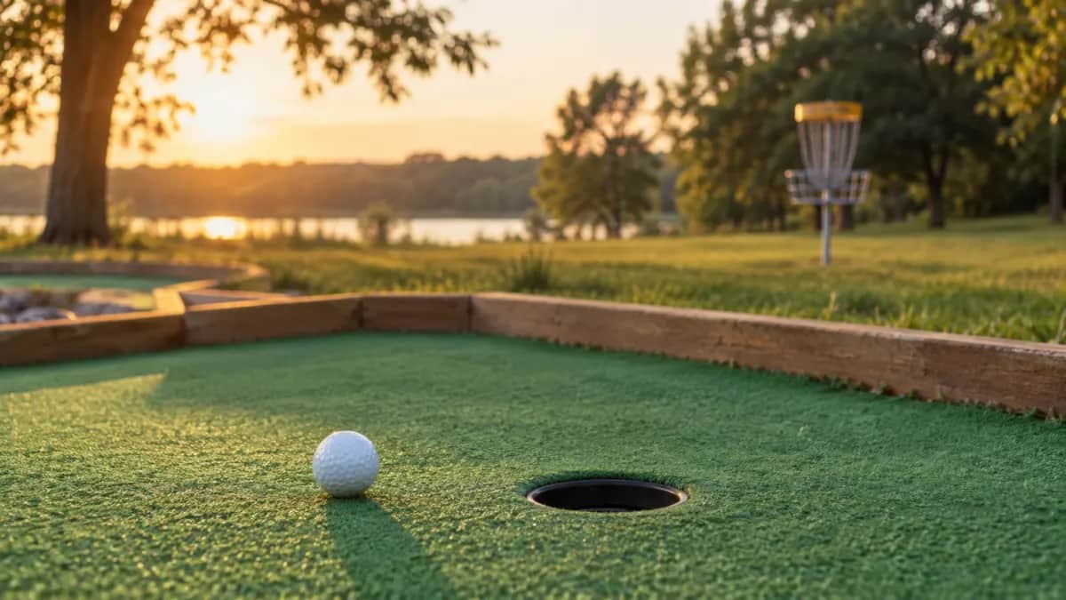 Outdoor mini golf hole with one white ball and a disc golf basket in the distant park