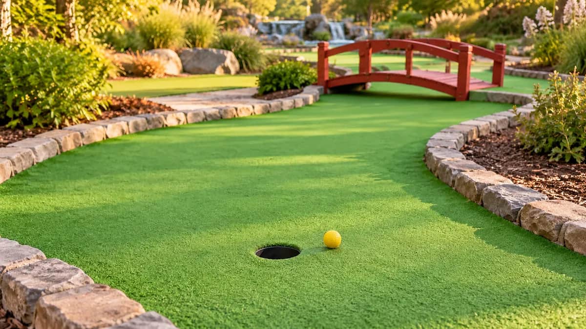 Outdoor mini golf lane with one yellow ball, a circular black putting hole, and a small red wooden bridge