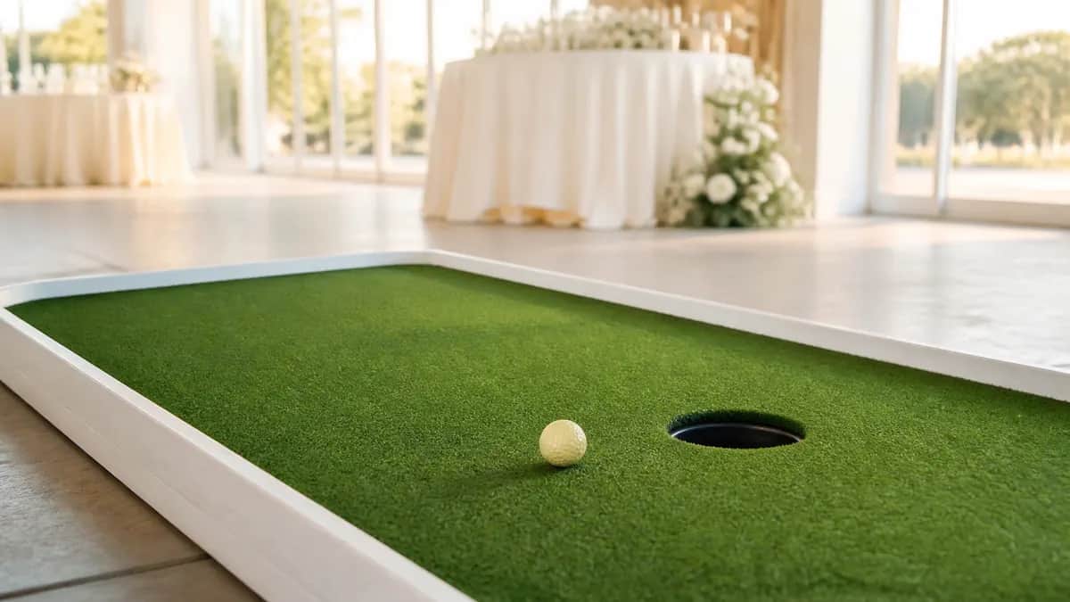 Elegant portable mini golf hole with bright green turf, one ivory ball, white edging, and a softly blurred wedding reception background
