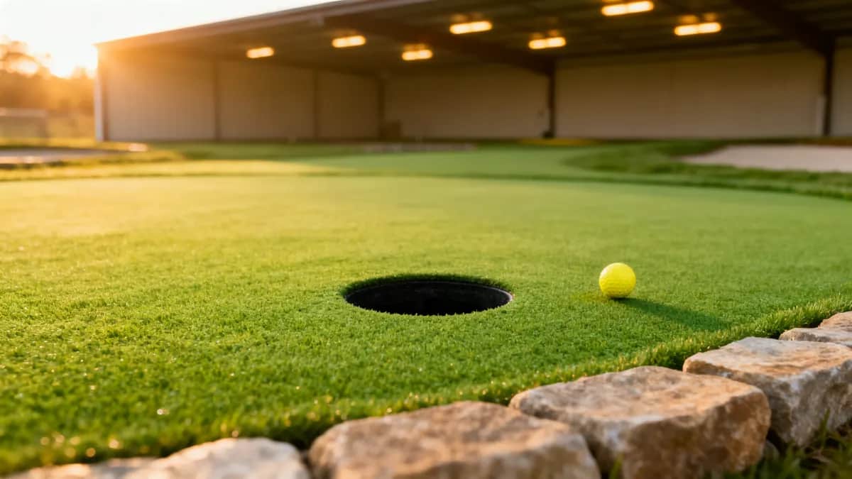 Outdoor miniature golf putting green with bright turf, one yellow ball, a circular black putting hole, and softly blurred covered golf bays in the background