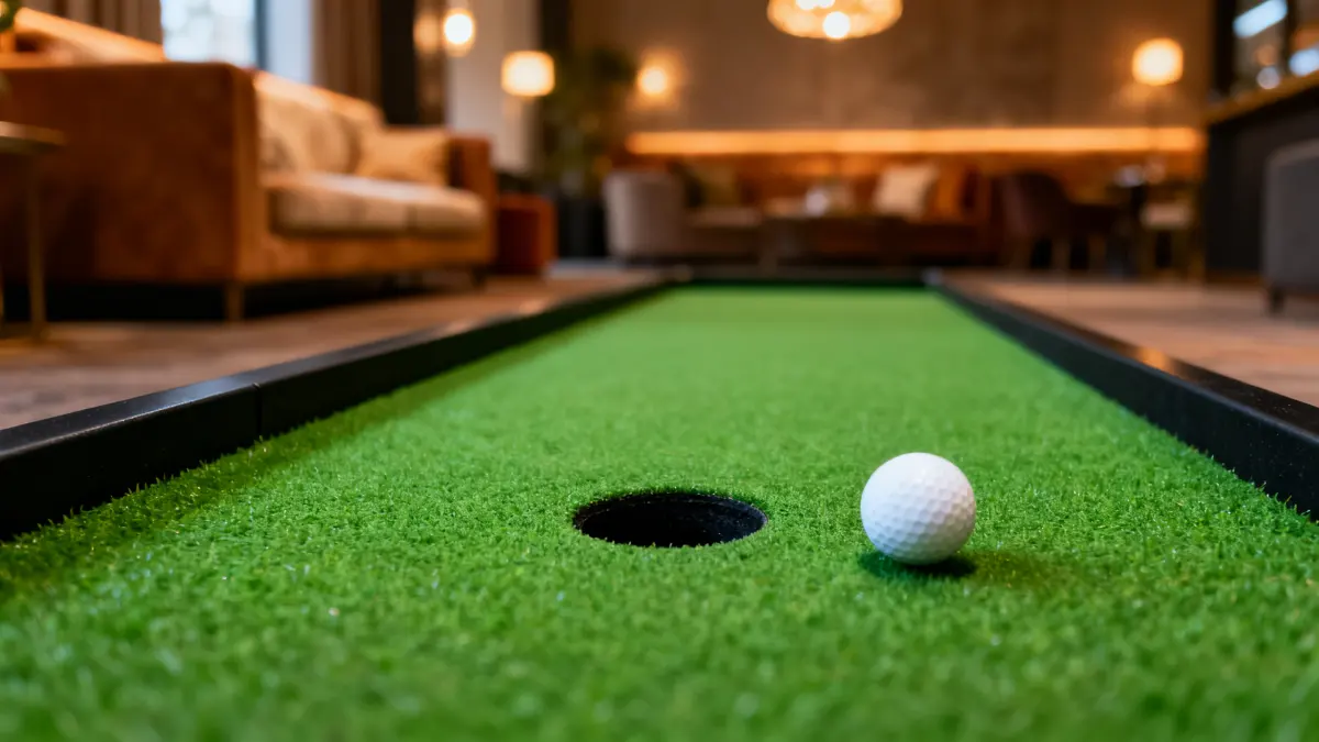 Indoor miniature golf lane with green turf, a circular black putting hole, warm lounge lighting, and one white ball