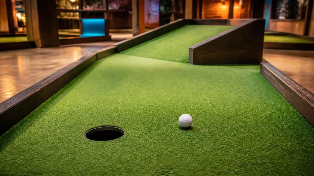 Modern indoor mini golf lane with green turf, dark wood edging, one white ball, and a circular black putting hole